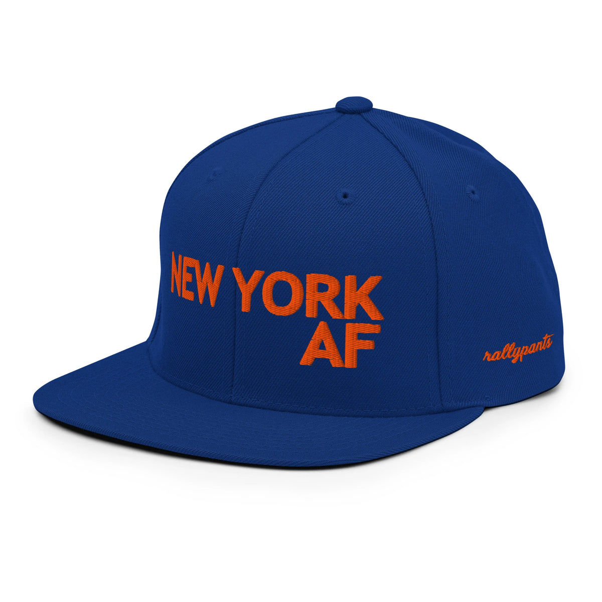NEW YORK AF snapback hat left front angle in royal blue