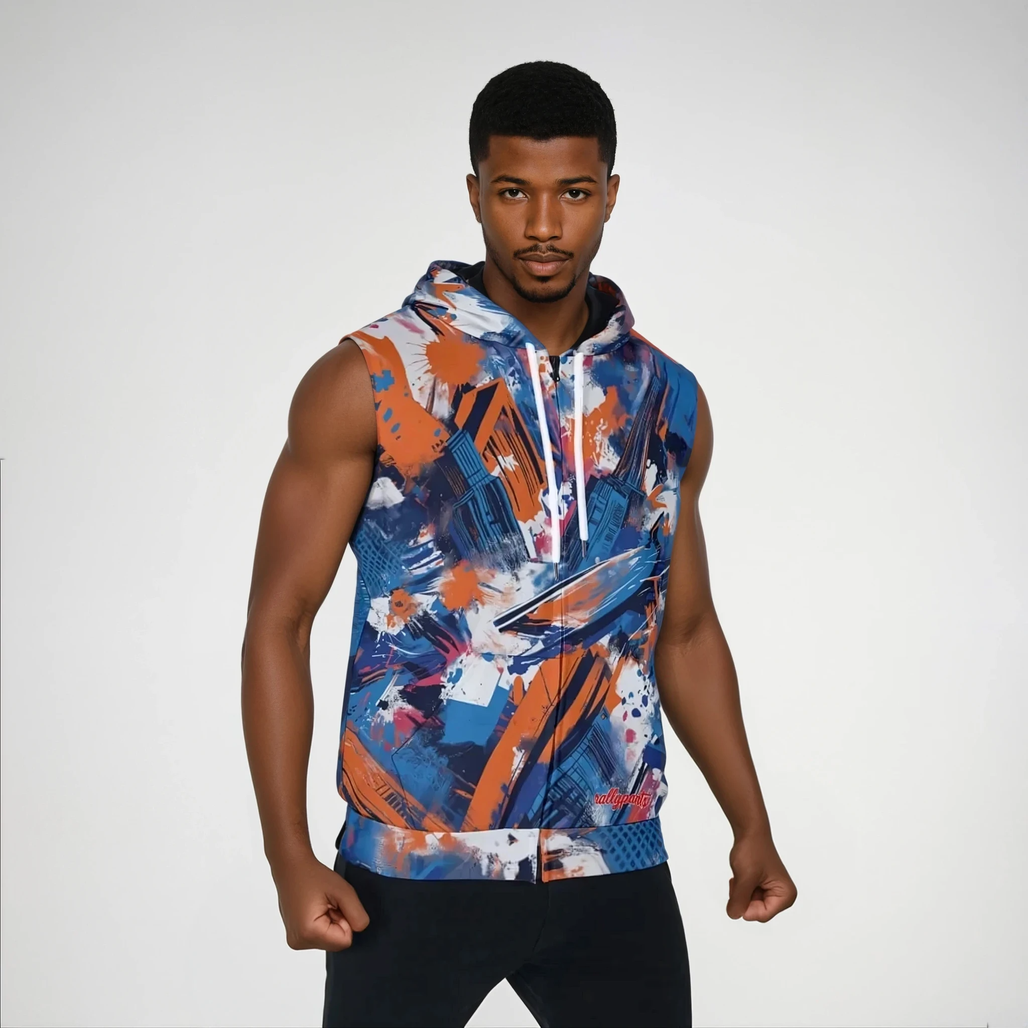 Men's sleeveless hoodie alternate front view in New York blue/orange/black