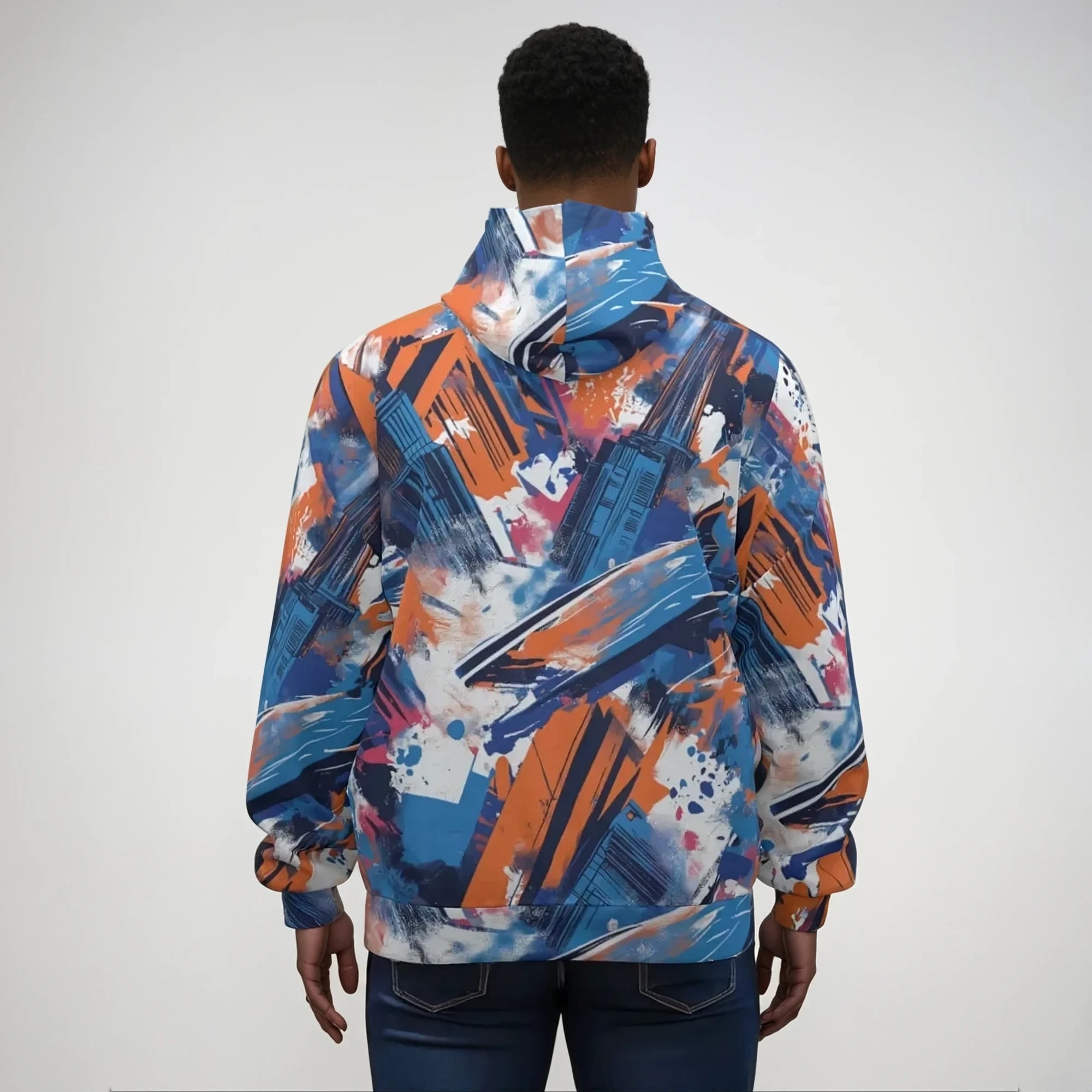 Cotton zip hoodie back view in New York blue/orange/graffiti