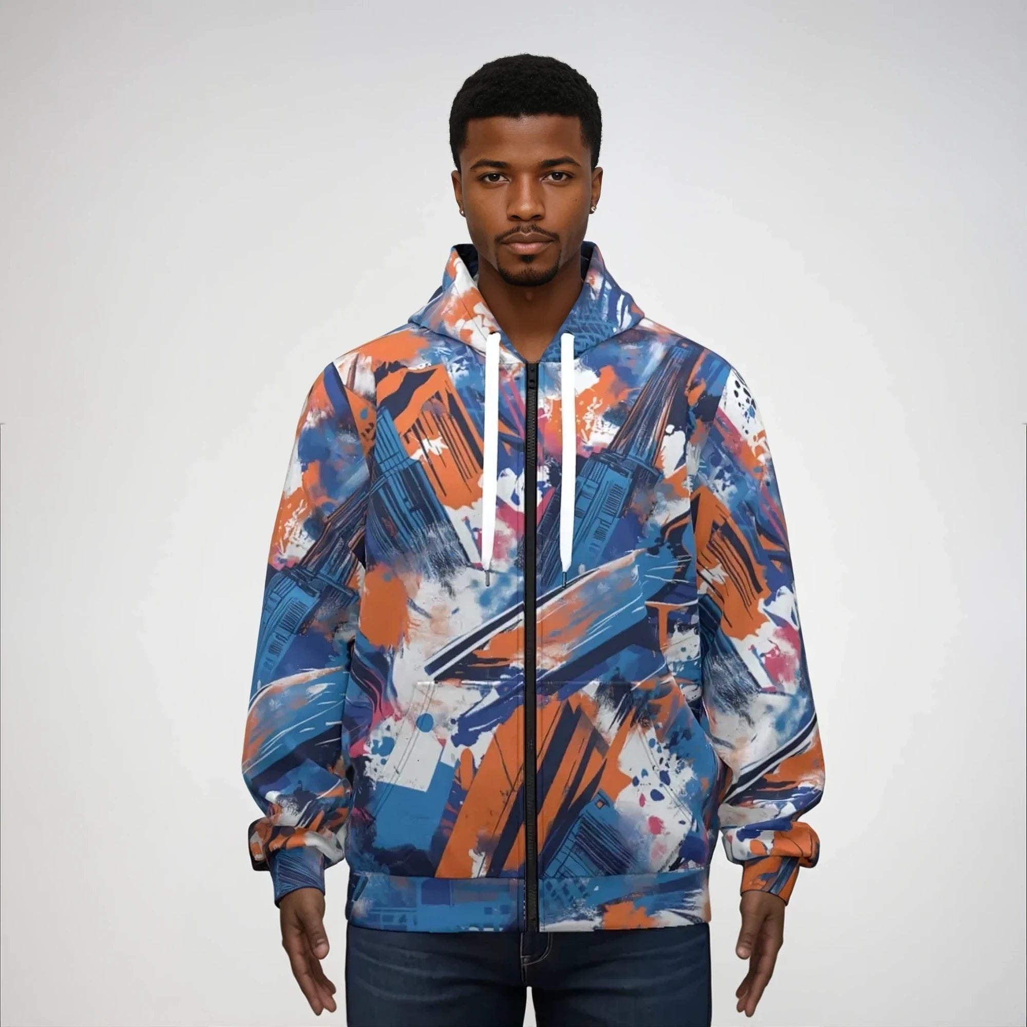 Cotton zip hoodie front view in New York blue/orange/graffiti