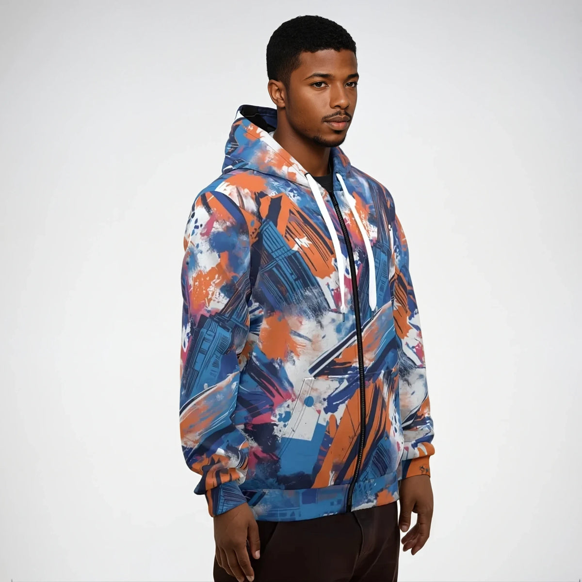 Cotton zip hoodie left side view in New York blue/orange/graffiti