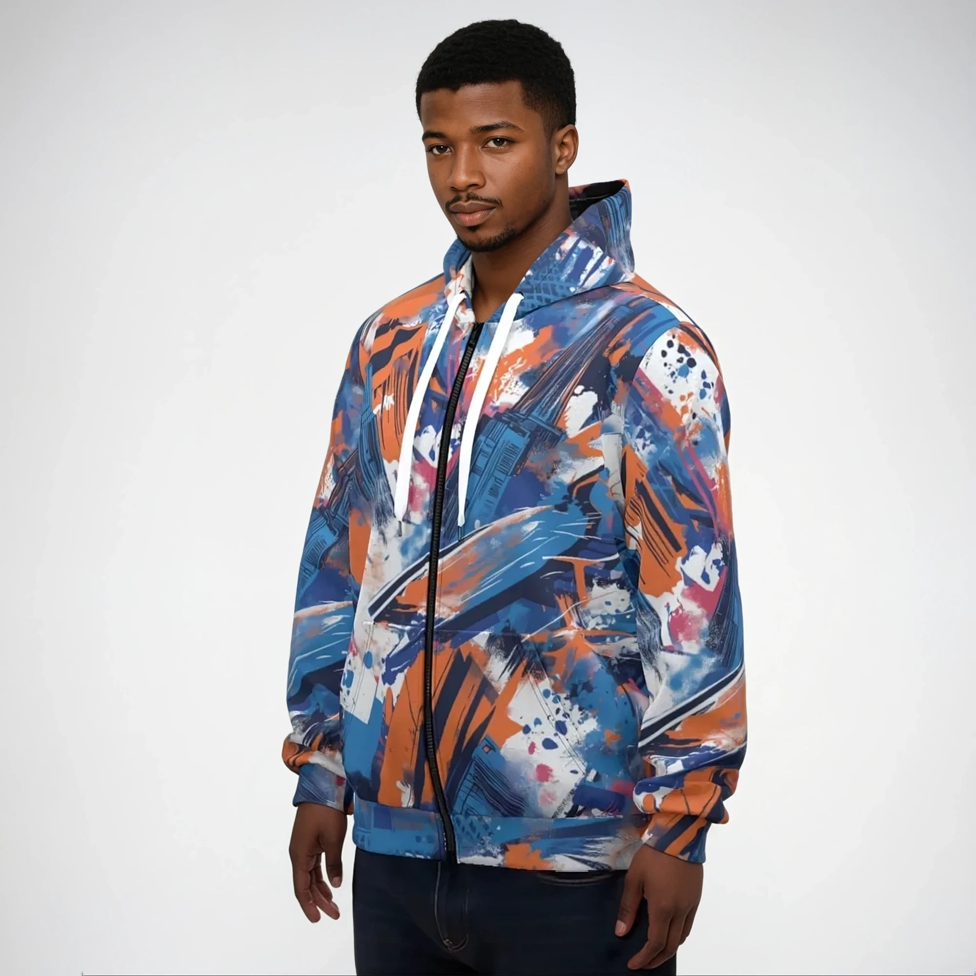 Cotton zip hoodie right side view in New York blue/orange/graffiti