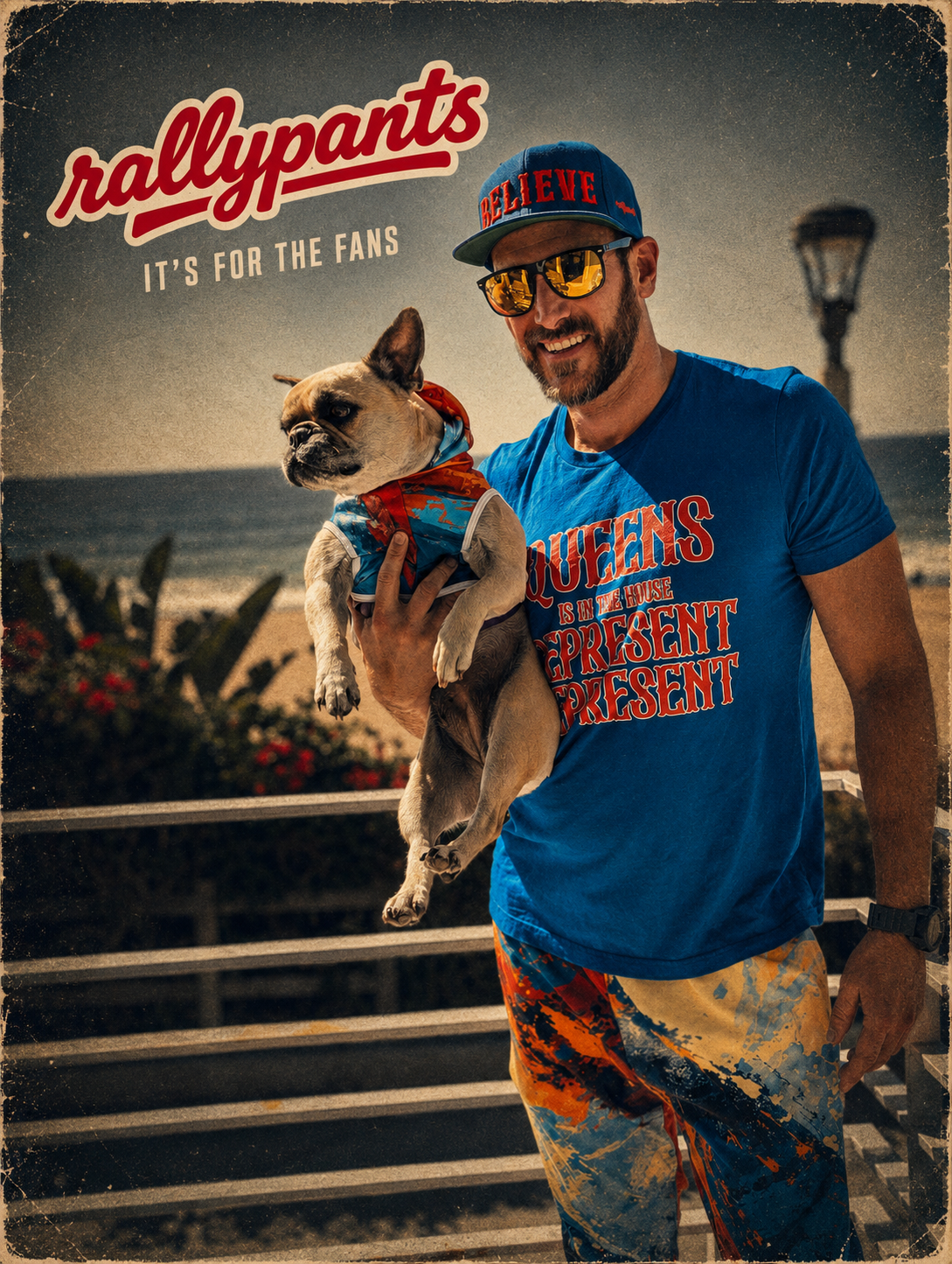 Rallypants fan wearing a blue and orange heavyweight tee with a dog at an outdoor gathering