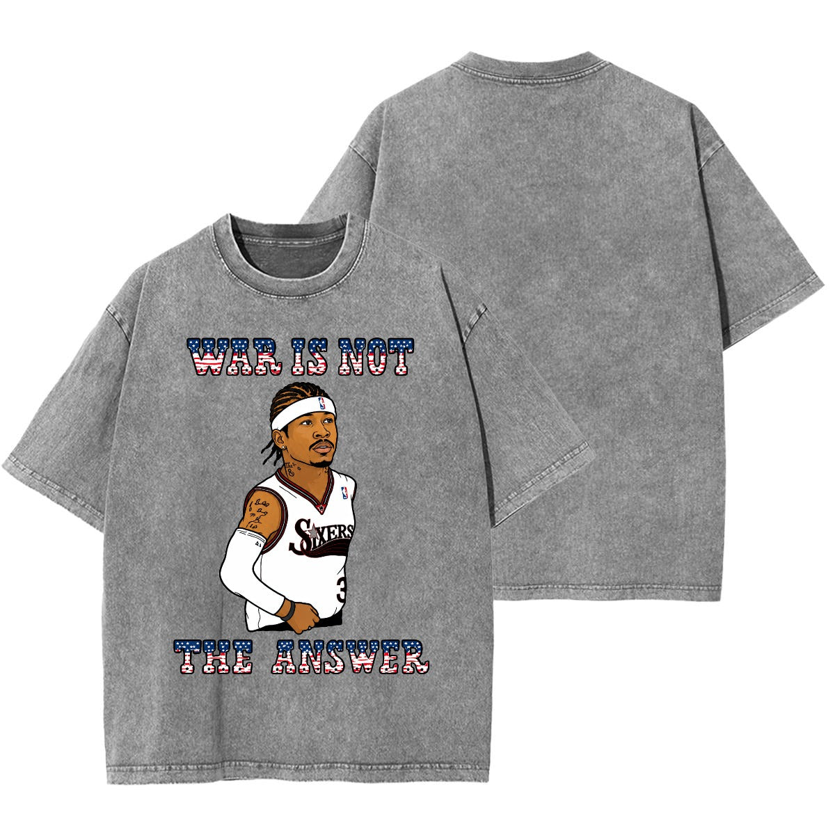 rallypants War Is Not the Answer heavyweight washed t-shirt in Washed Light Gray, back view