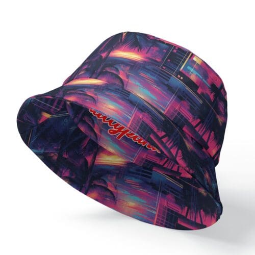 bucket hat – vice city sunset neon pink/electric blue/midnight black rallyprint - Image 2