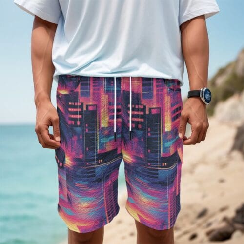 men's cargo shorts – vice city sunset: neon pink/electric blue/midnight black rallyprint