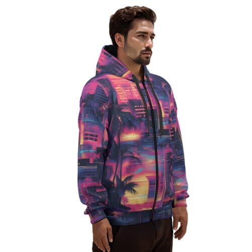 unisex premium cotton zip hoodie vice city sunset neon pink/electric blue/midnight black rallyprint - Image 3