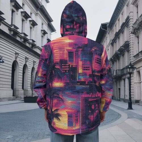 men's casual zipper jacket – vice city sunset: neon pink/electric blue/midnight black rallyprint - Image 2