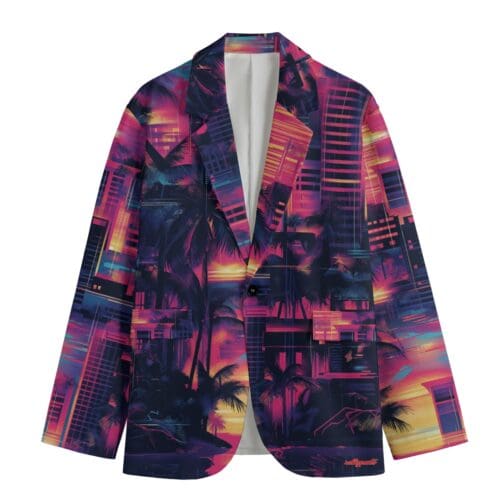 men's casual blazer – vice city sunset: neon pink/electric blue/midnight black rallyprint