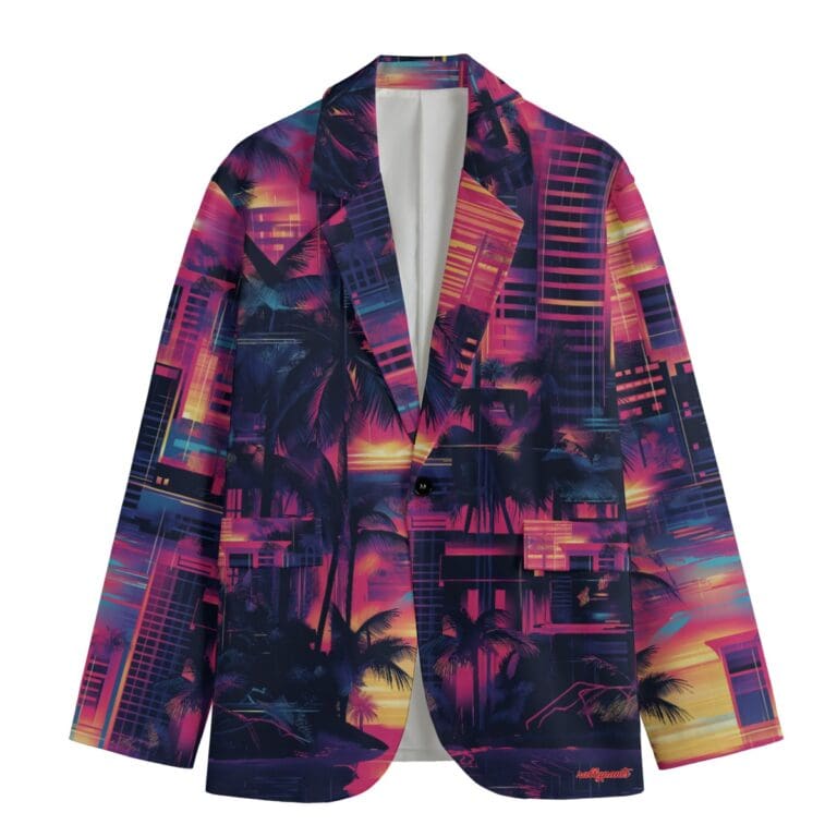 men's casual blazer – vice city sunset: neon pink/electric blue/midnight black rallyprint