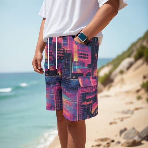 men's cargo shorts – vice city sunset: neon pink/electric blue/midnight black rallyprint - Image 2