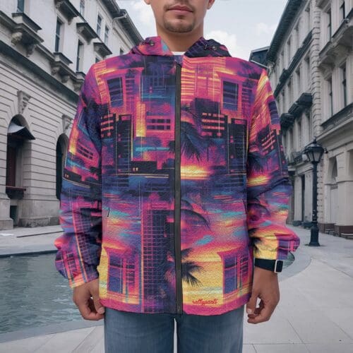 men's casual zipper jacket – vice city sunset: neon pink/electric blue/midnight black rallyprint