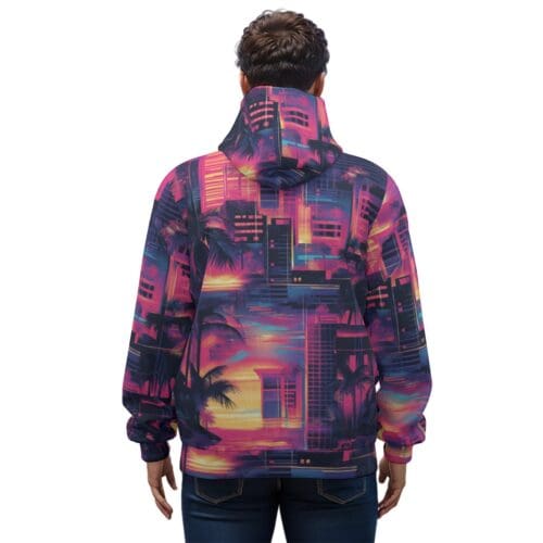 unisex premium cotton zip hoodie vice city sunset neon pink/electric blue/midnight black rallyprint - Image 4