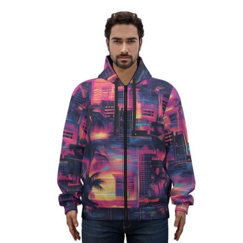 unisex premium cotton zip hoodie vice city sunset neon pink/electric blue/midnight black rallyprint