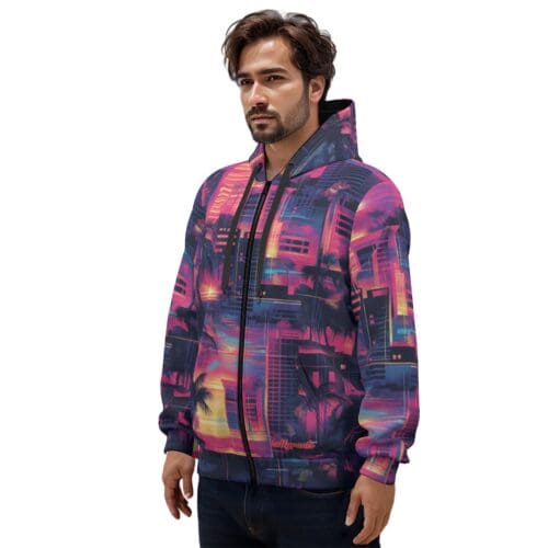 unisex premium cotton zip hoodie vice city sunset neon pink/electric blue/midnight black rallyprint - Image 2