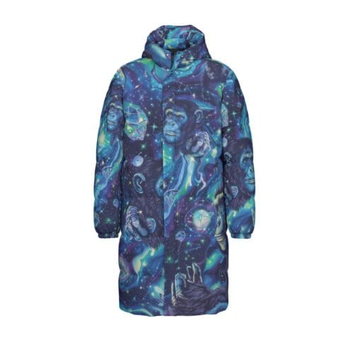 unisex long down jacket – apes diamond blue/moon white rallyprint - Image 2