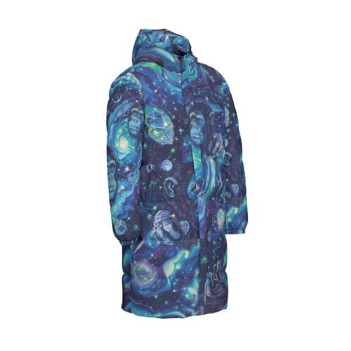 unisex long down jacket – apes diamond blue/moon white rallyprint - Image 4