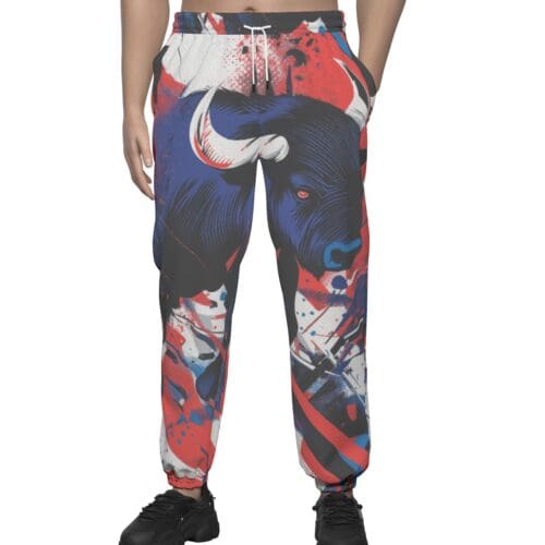 unisex textured casual pants – buffalo brahma/blue/red rallyprint