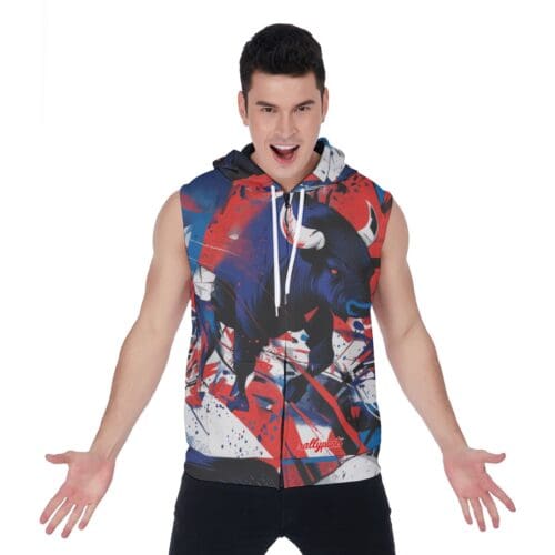 men’s zipper-up sleeveless hoodie - buffalo brahma/blue/red rallyprint