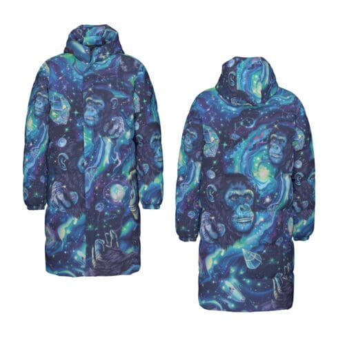 unisex long down jacket – apes diamond blue/moon white rallyprint