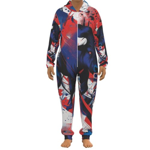 unisex thickened home jumpsuit – buffalo blue/red/white rallyprint