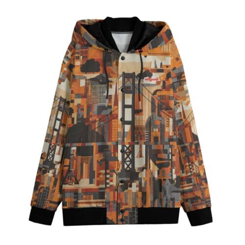 All-Over Print Men's Varsity Jacket -  san francisco lack/orange/beige rallyprint